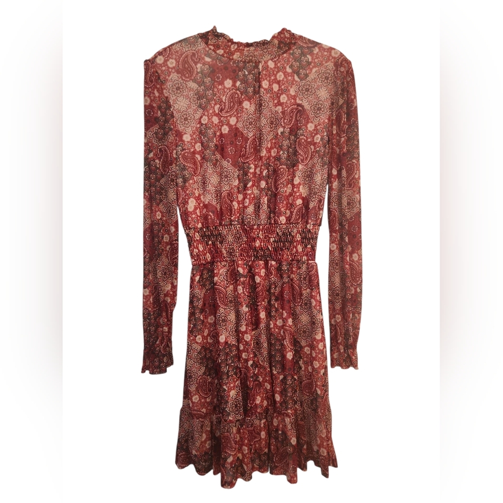 Alison Andrews Paisley Red Orange Long Sleeve Shirred Ruffle Hem Dress Size S